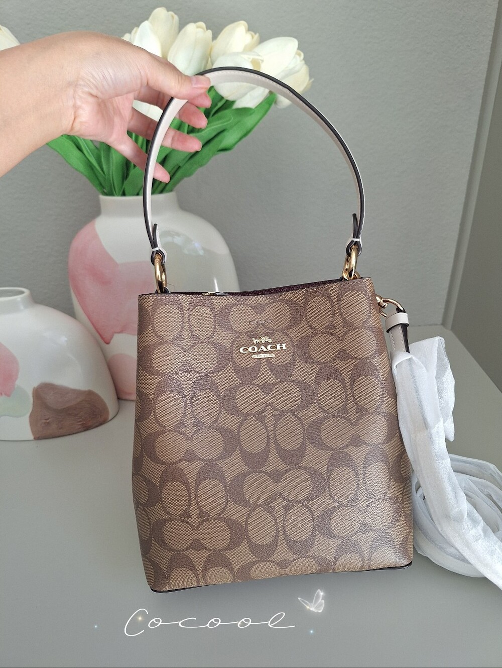 NWT Coach town bucket bag signature small purse khaki Chalk